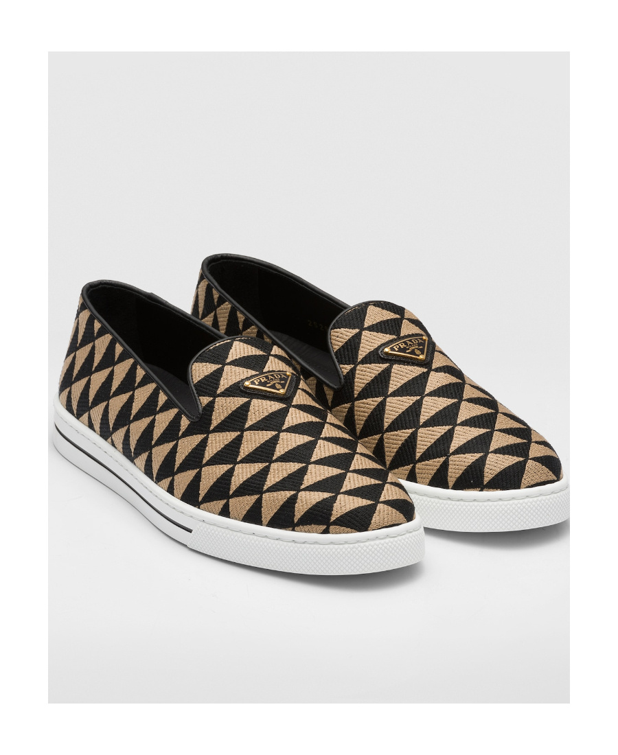 Prada Symbole Triangle-logo Loafers In Black/beige