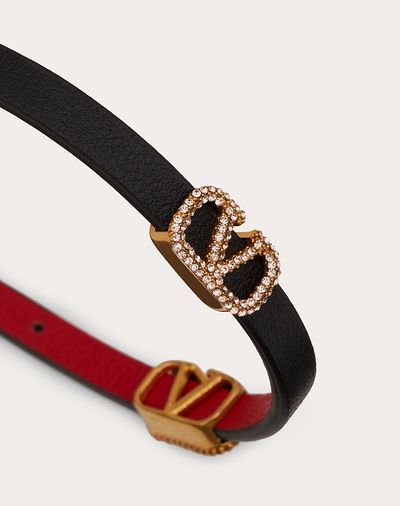 Valentino Garavani Crystal Vlogo Leather Bracelet In Black