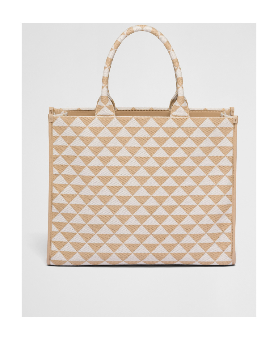 Prada Large Symbole Embroidered Fabric Handbag In Nude