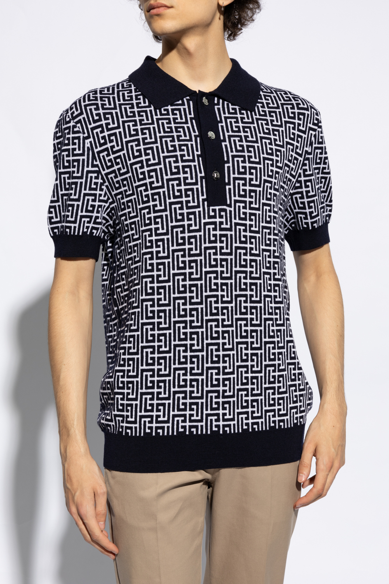 Balmain Monogram Pattern Polo With Classic Collar In Black