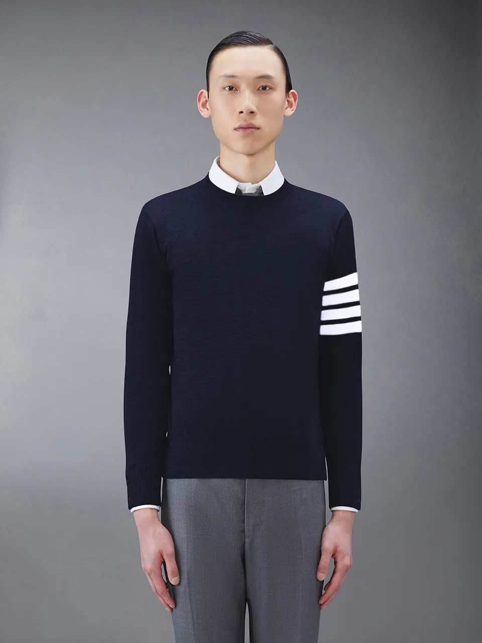 Thom Browne Ribbed Hem Crewneck Striped Sleeve Button Cuffs In Black