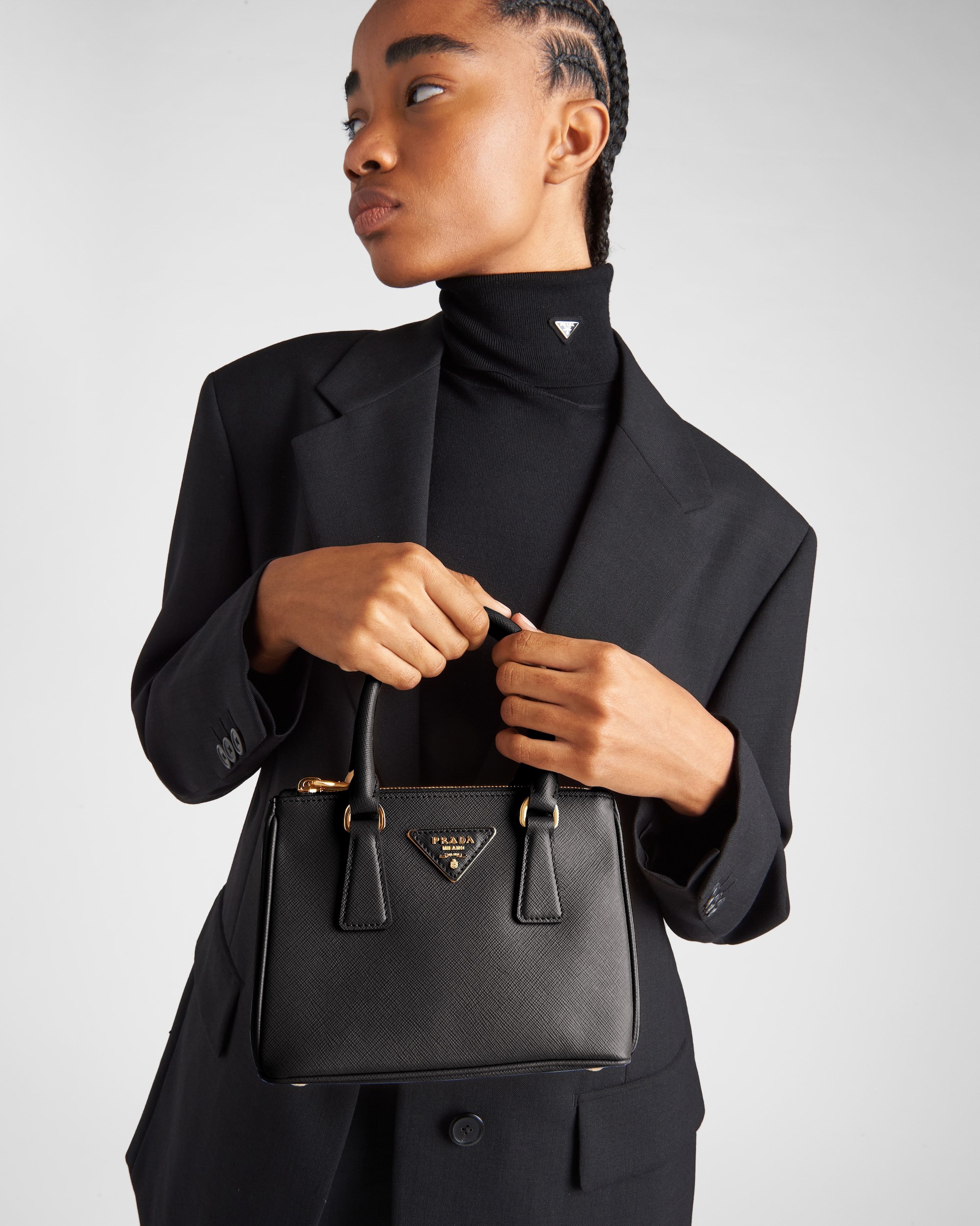 Prada Galleria Saffiano Leather Mini Logo Handbag In Black