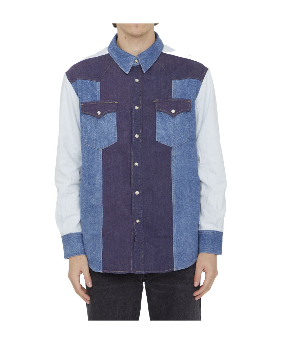 Celine Long-sleeved Spliced Shirt In Blue