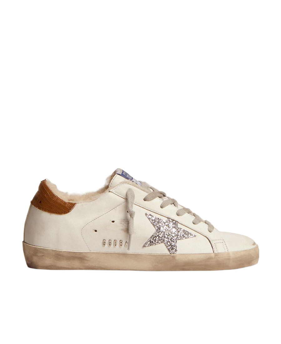 Shop Golden Goose Super-star Sneakers With Shearling Lining, Silver Glitter Star And Lizard-print Dove-gray Leather He