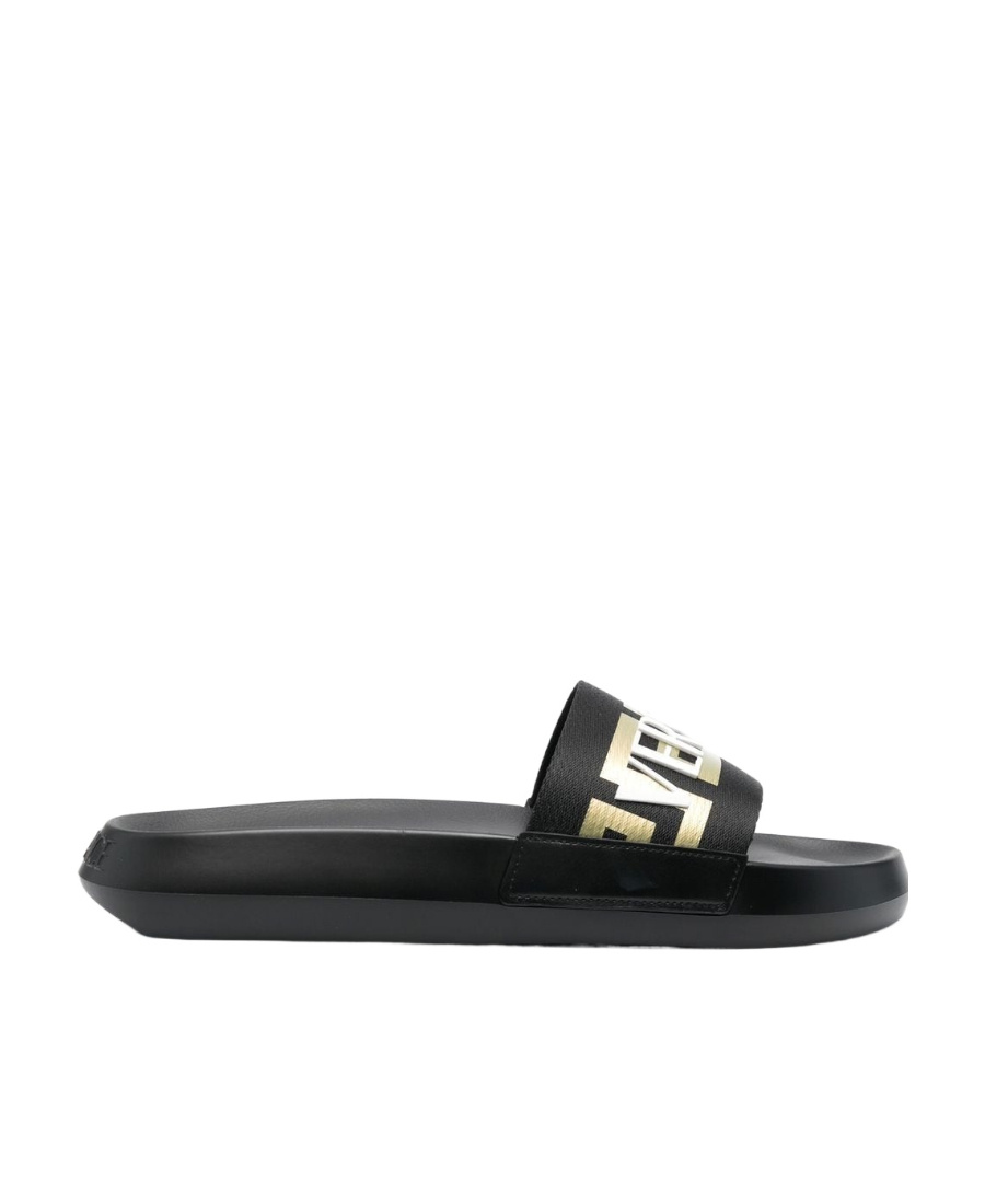 Versace Logo-appliqué Open Toe Slides In Black