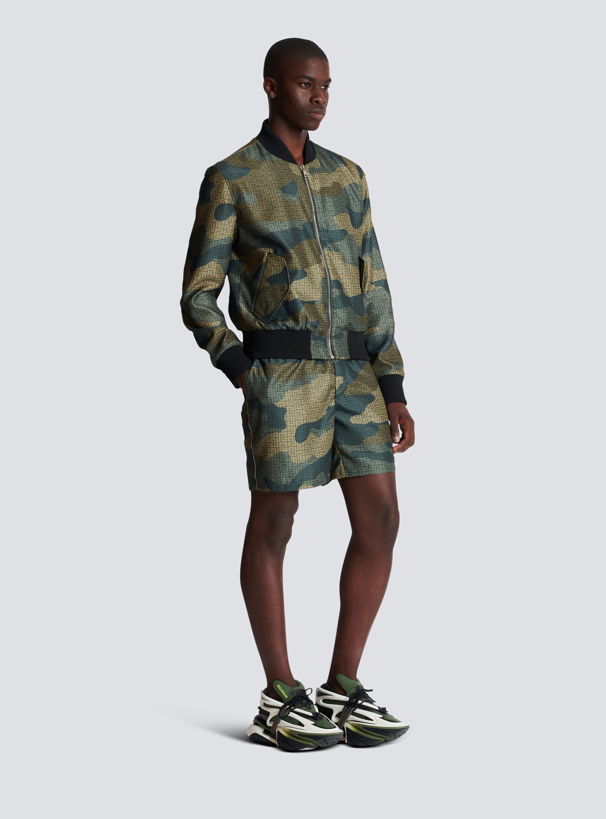 Balmain Monogram Camouflage-print Bomber Jacket In Gray