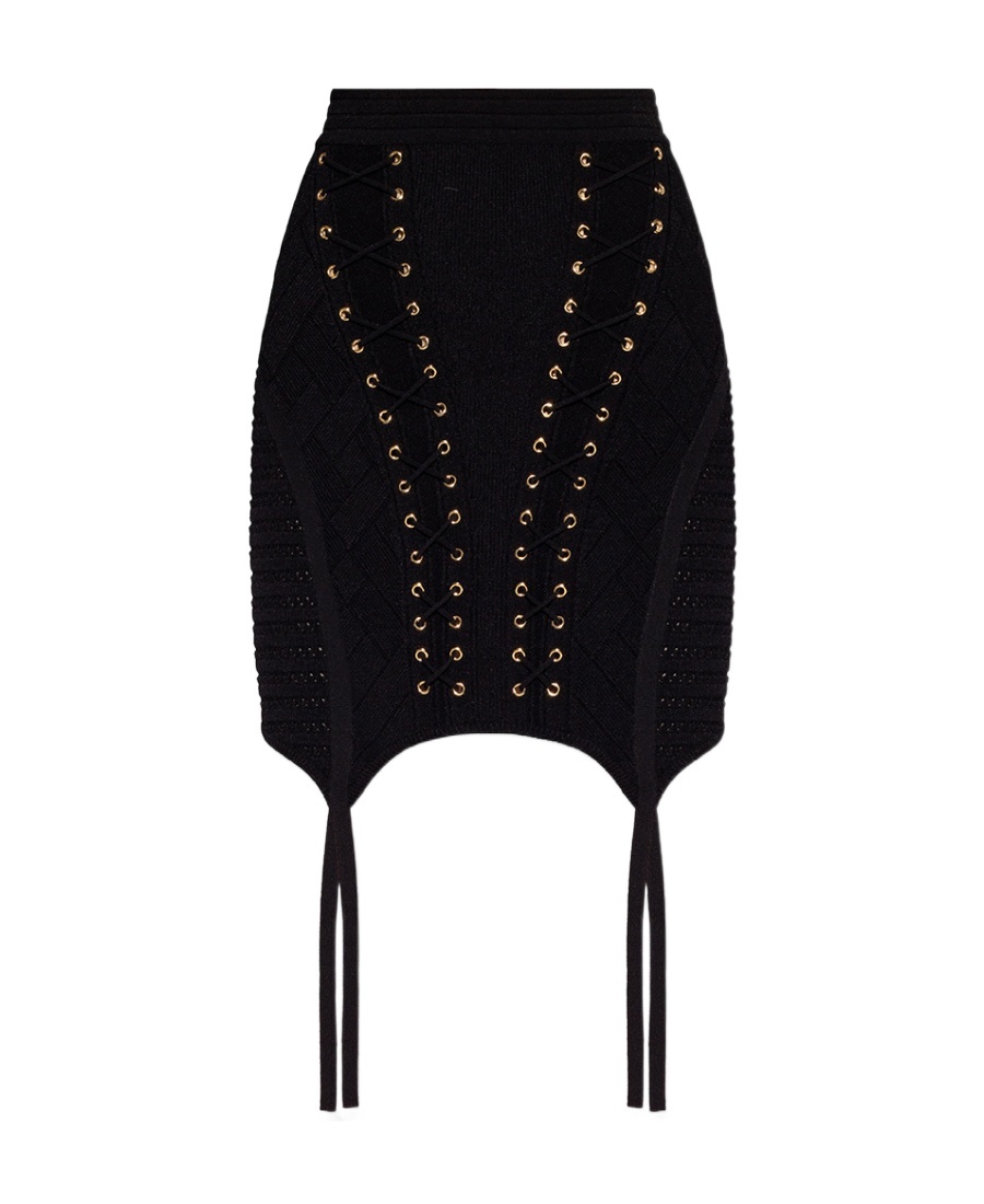 Balmain Eyelet Detail Lace Up Knitted Garter Skirt In Black