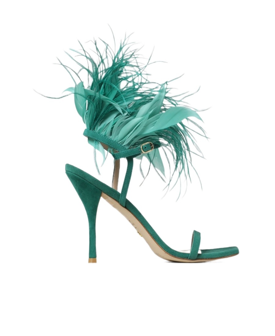 Stuart Weitzman Feather Detail Stiletto Heel Sandals In Green