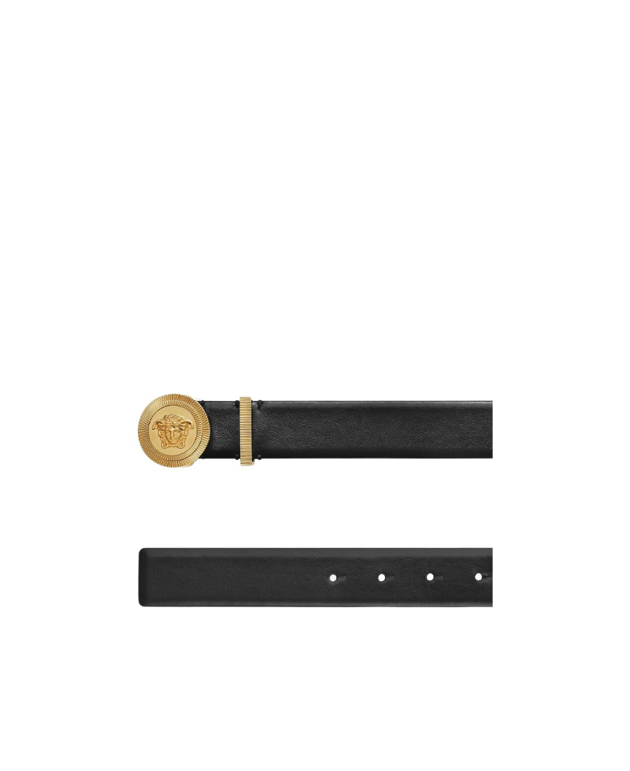 Versace Medusa Streamlined Leather Belt With Adjustable Length And Gold-tone Buckle In Black