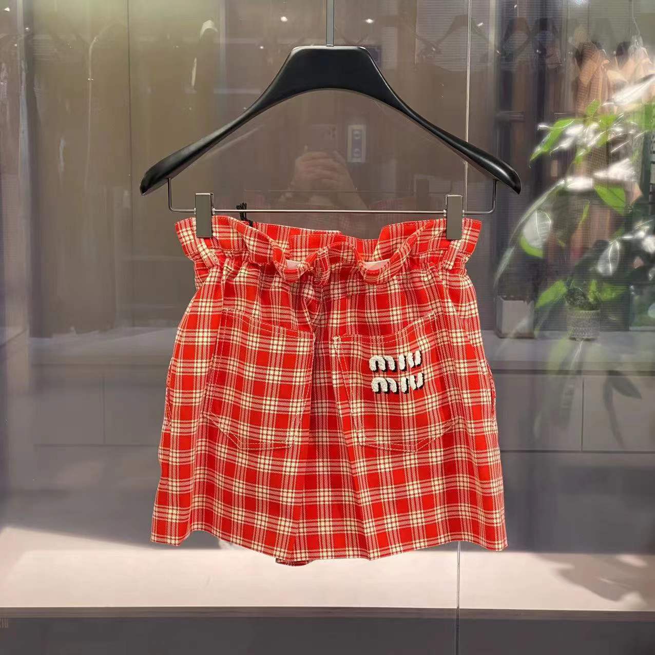 Miu Miu Paperbag-waist Checked Shorts In Pink