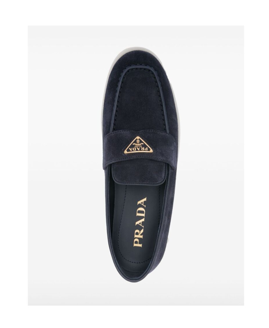 Prada Enamel Triangle Logo Suede Loafers In Blue