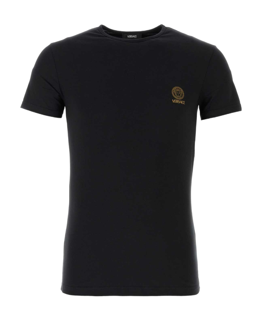Versace Black Crewneck T-shirt With Medusa Logo Print In Stretch Cotton Man In Black