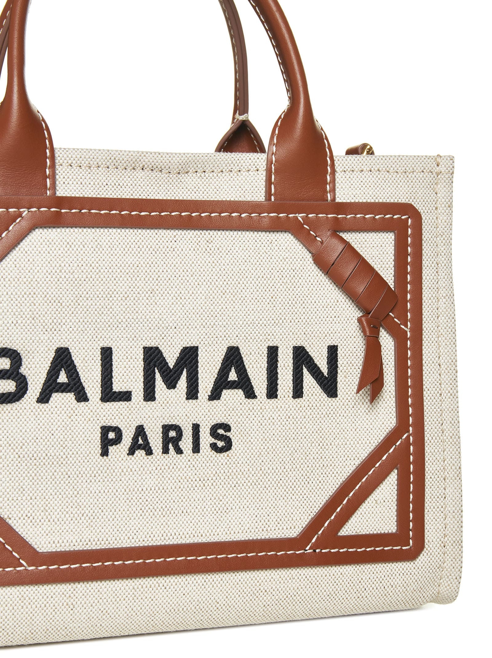 BALMAIN B-ARMY SMALL CANVAS SHOPPING BAG WITH LEATHER INSERTS