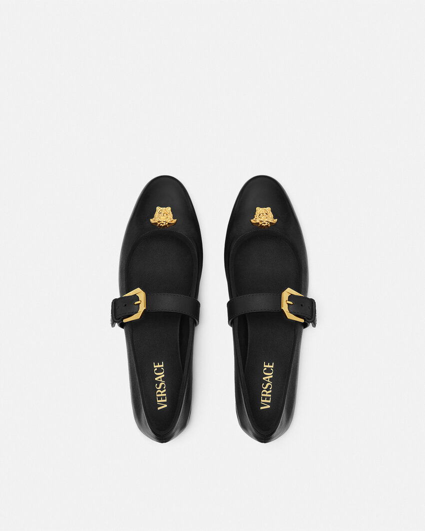 Versace Nappa Leather Flat Ballerinas With Buckle Detail In Black
