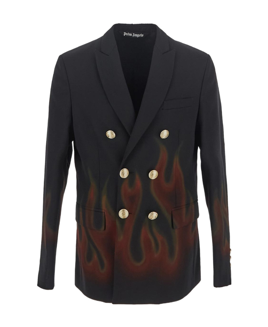 Palm Angels Flame-print Double-breasted Blazer In Black