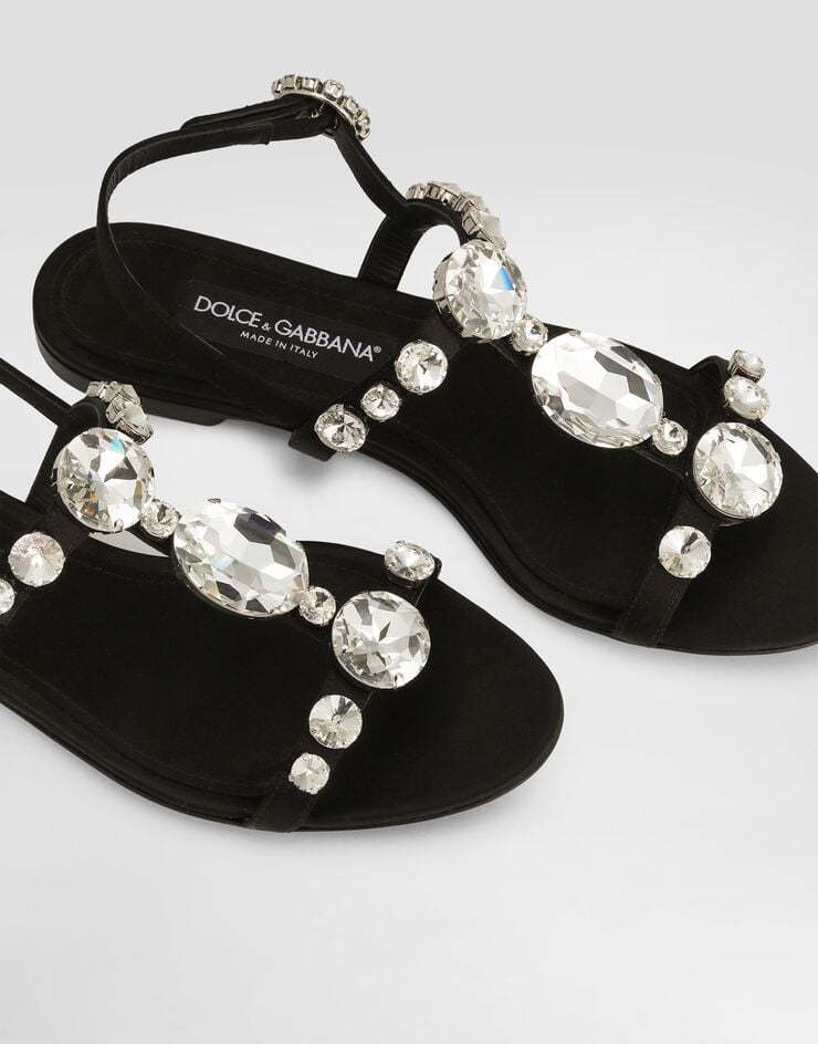 Dolce & Gabbana Black Sandals With Embroidered Stones Decorations In Satin Woman In Black