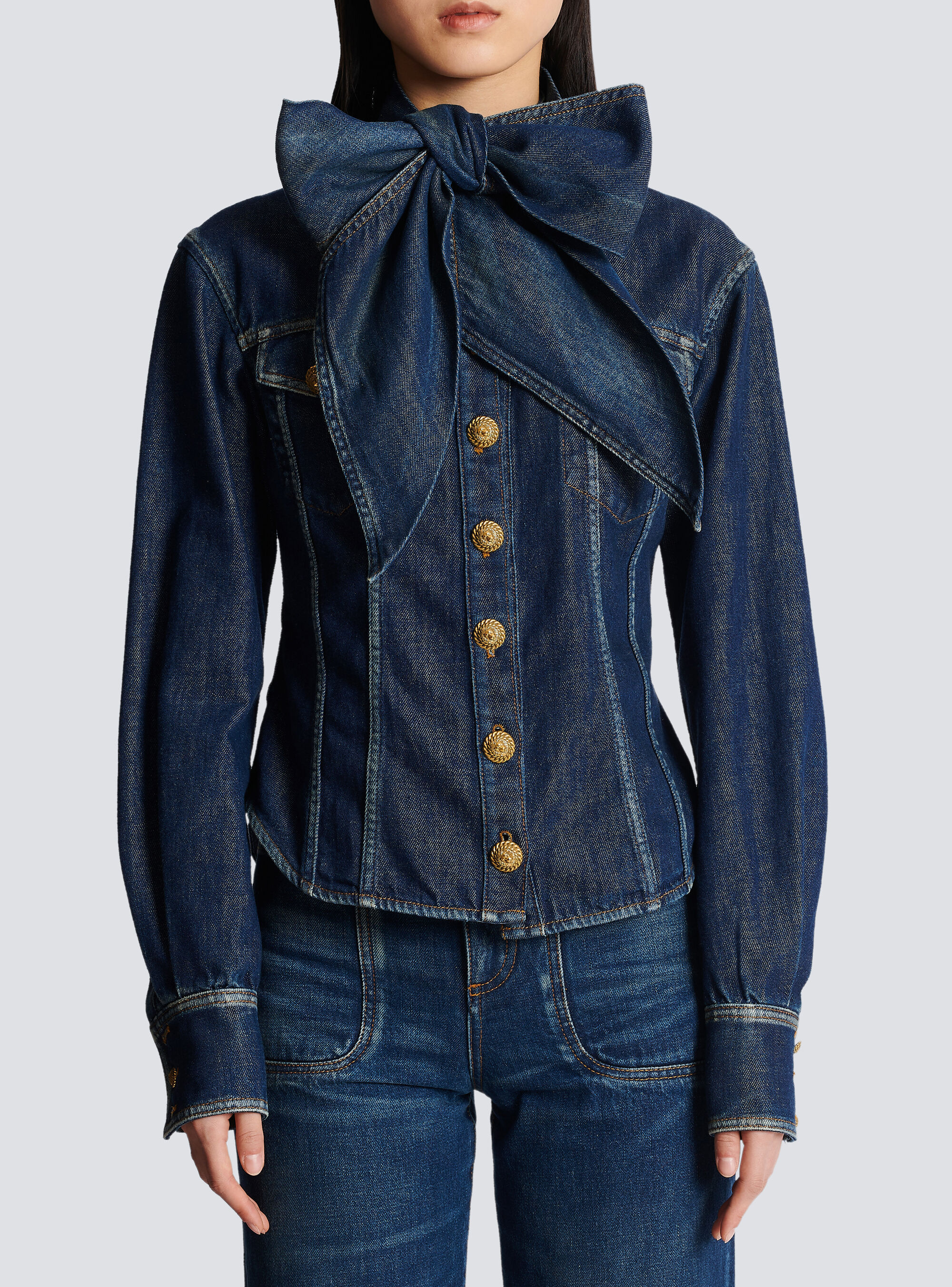 Balmain Pussy-bow Denim Shirt In Blue