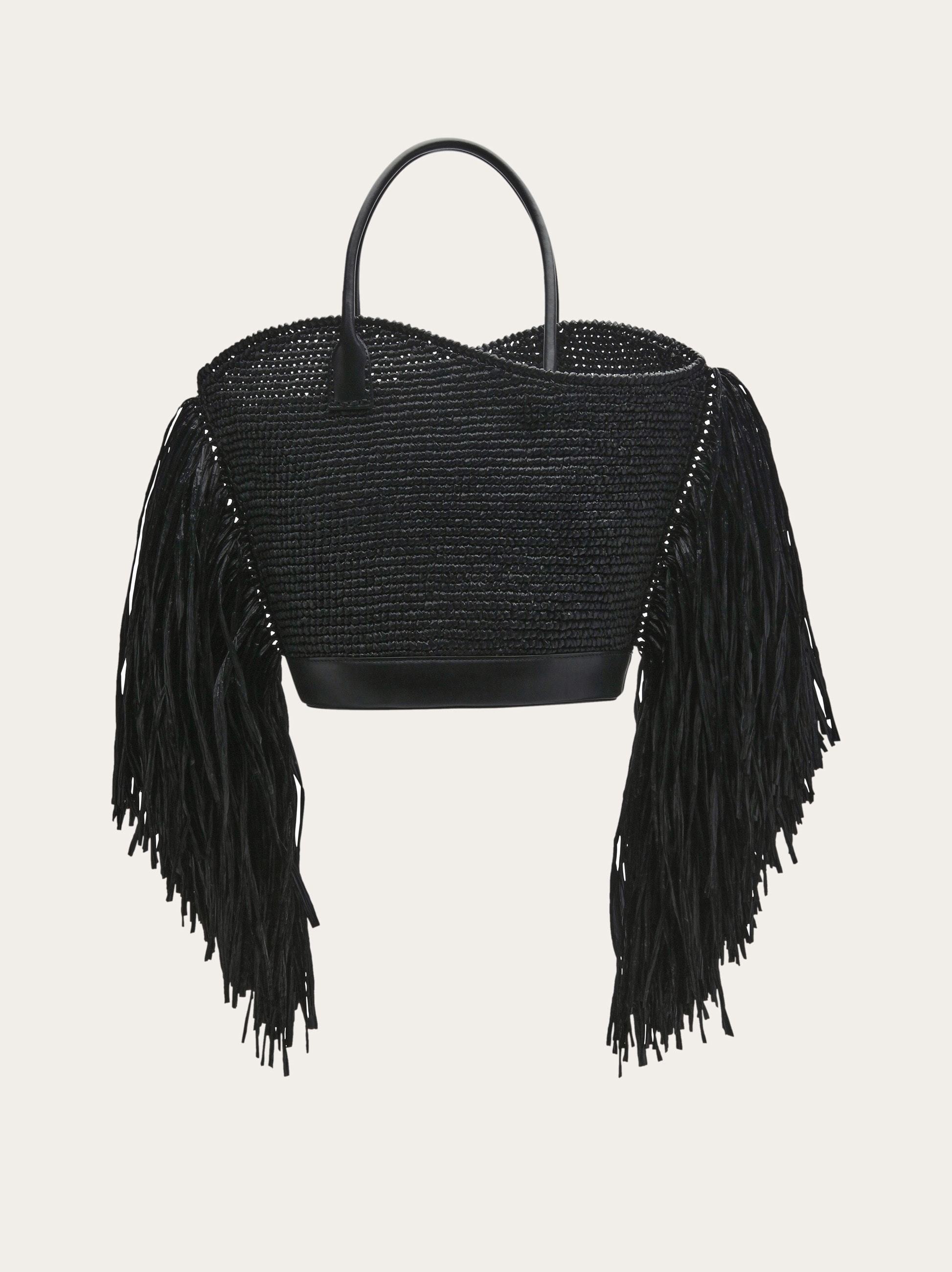 Ferragamo Fringed Raffia Tote Bag In Black