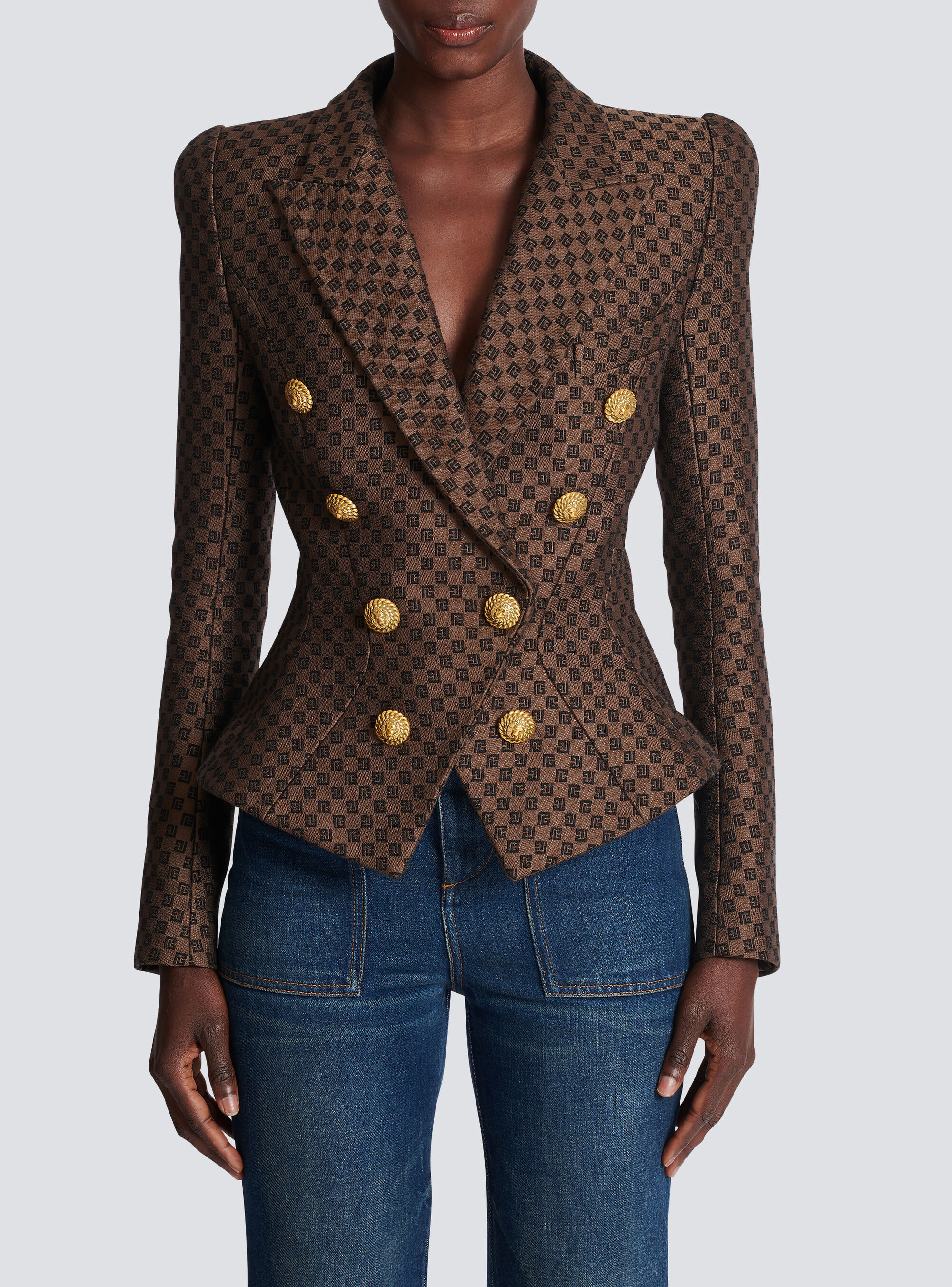 Balmain 8-button Monogram Jacquard Blazer Jacket In Brown