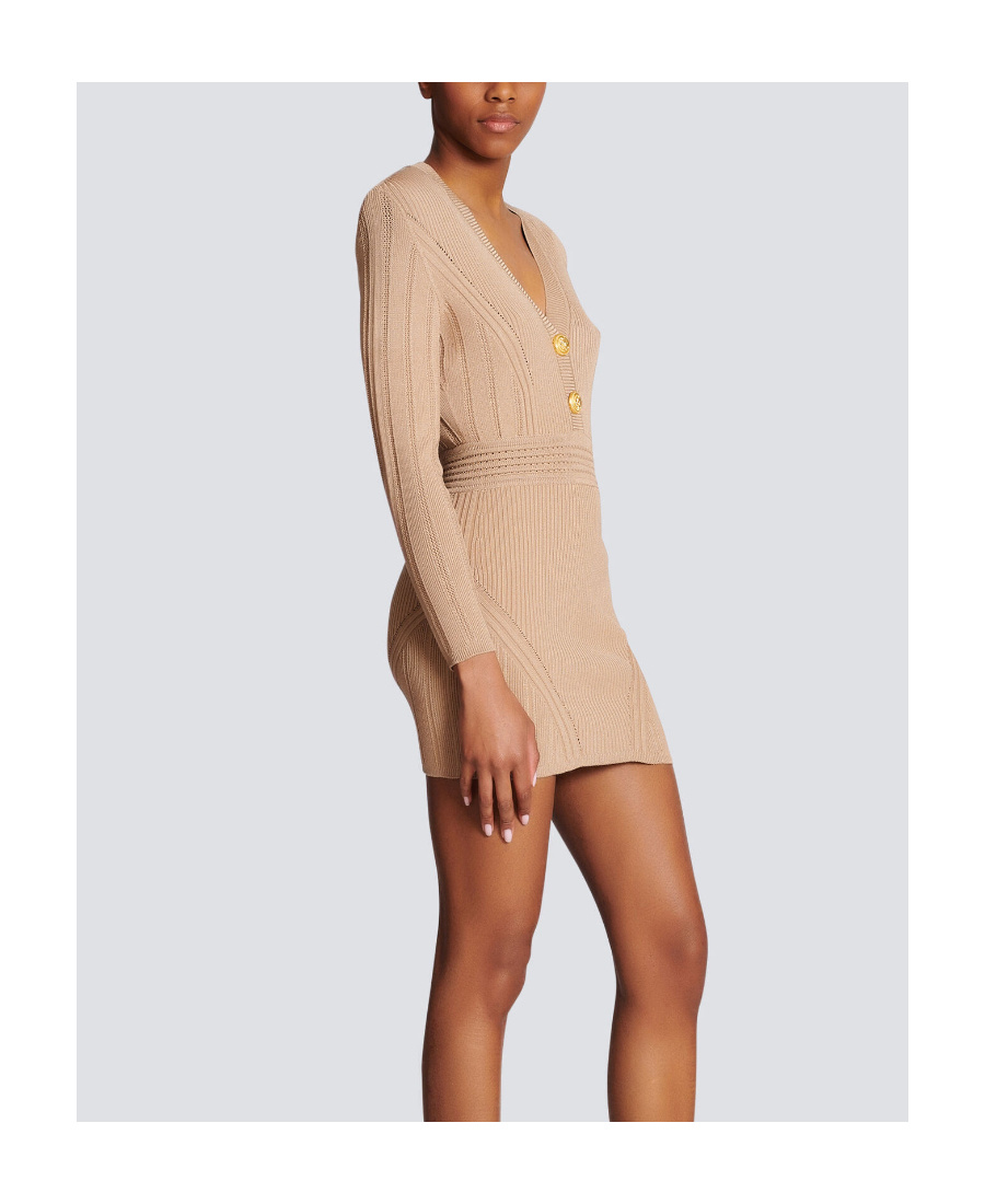 Shop Balmain Short Knit Dress With Gold Buttons In Brown