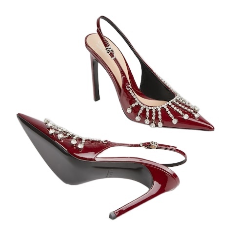 Gucci 105 Crystal Embellished Slingback Pumps In Patent Leather In Red