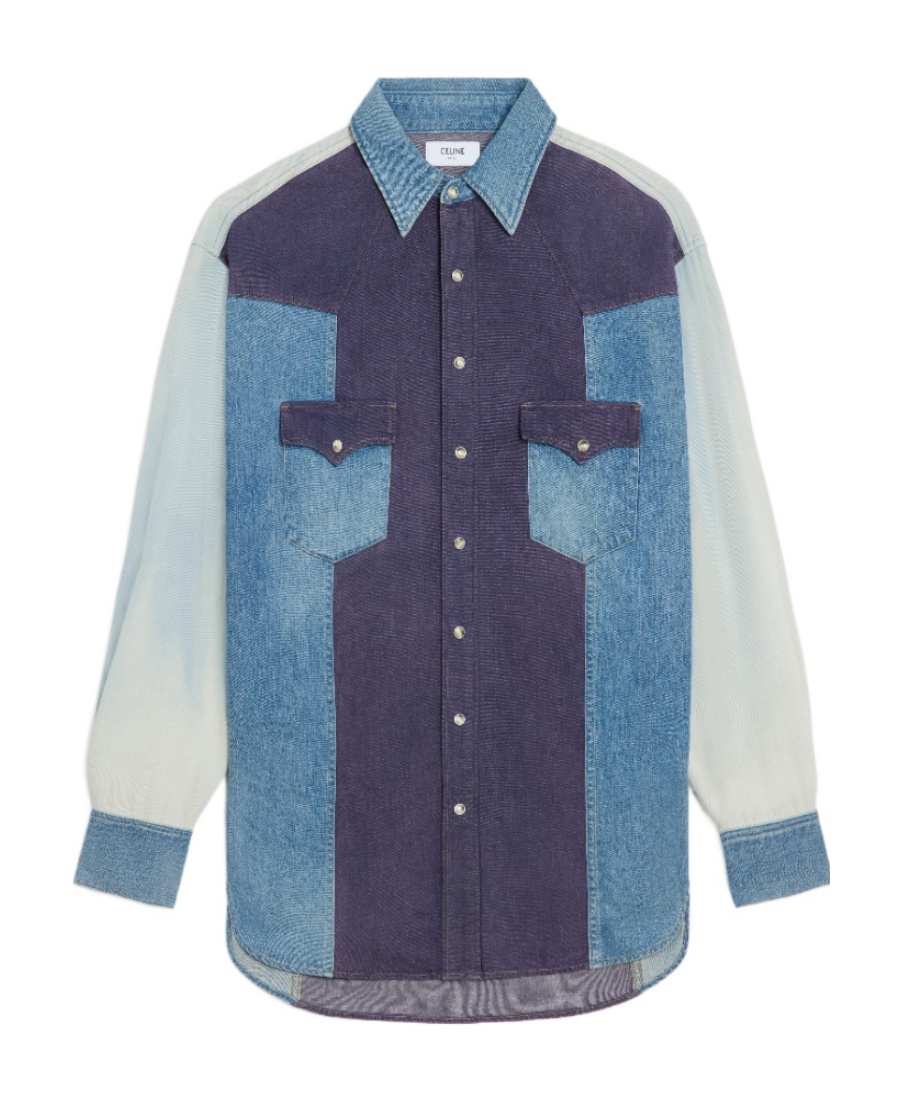 Celine Long-sleeved Spliced Shirt In Blue