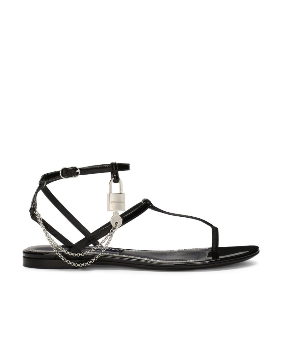 Dolce & Gabbana Padlock Patent-leather Flat Sandals In Black