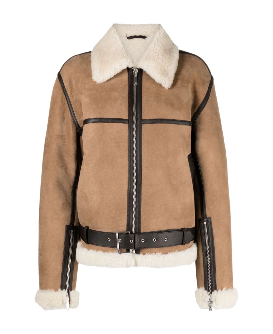 Totême Sheep Shearling Belted Aviator Jacket In Nude
