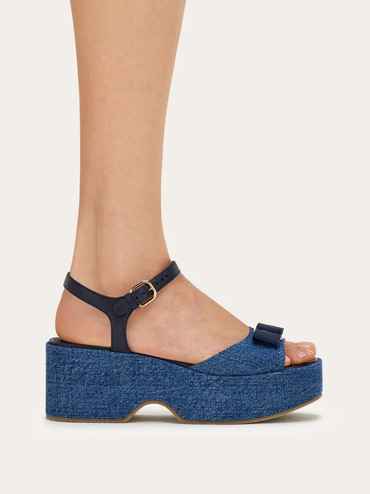 Ferragamo Iconic Bow Platform Sandal In Blue