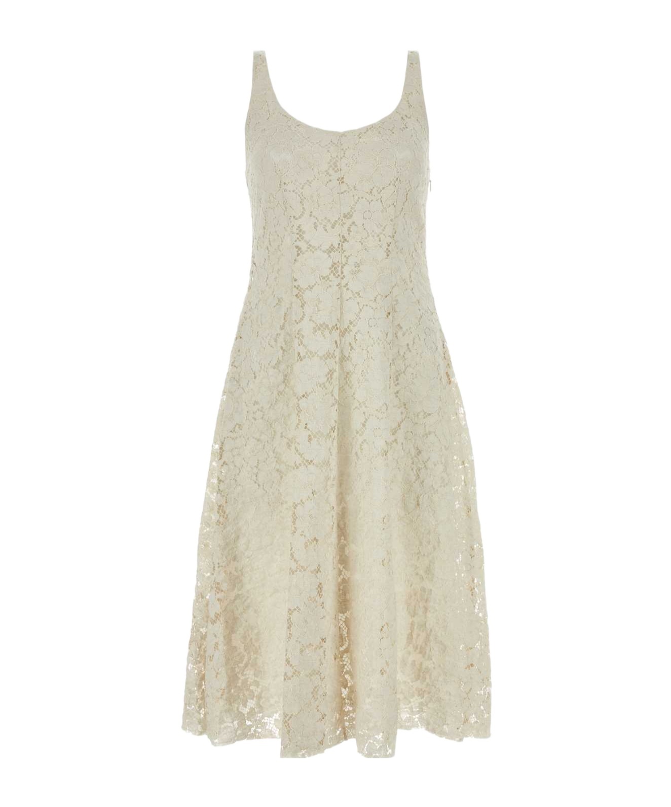 Prada Lace Overlay A-line Silhouette Midi Dress In Neutral Color