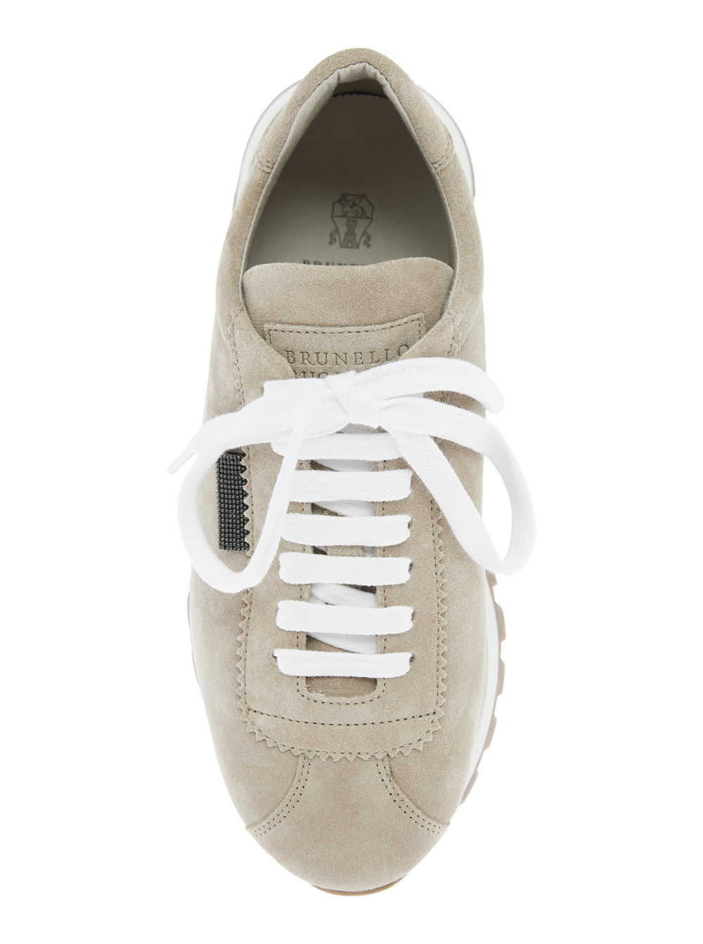 Brunello Cucinelli Beige Low Top Sneakers With Monil Detail On The Side And Embossed Logo Lettering On The Rear In Leat