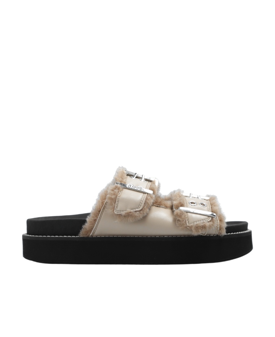 Ganni Taupe Feminine Buckle Flat Sandals In Black