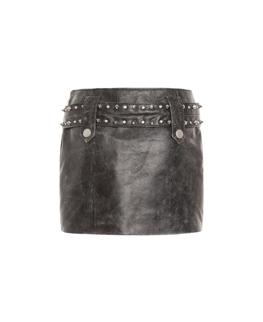 Alessandra Rich Leather Mini Skirt With Belt And Appliques In Gray