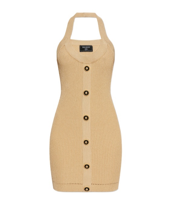 Balmain Ribbed Halterneck Mini Dress In Beige