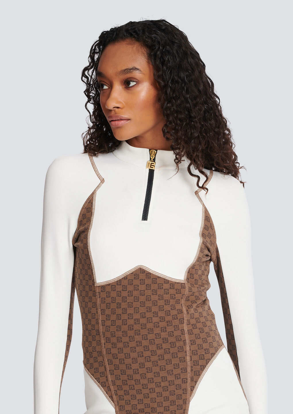Shop Balmain Mini Monogram Technical Top In Brown