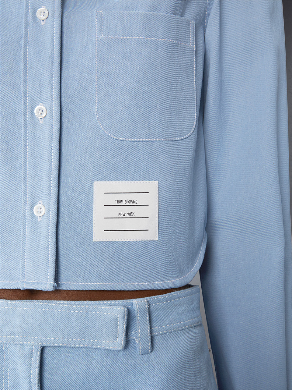 Thom Browne Cropped Denim Shirt With Contrast Stitching In Blue