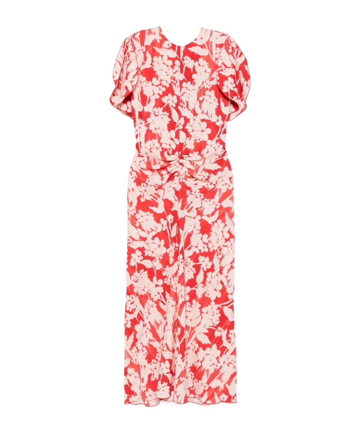 Victoria Beckham Floral Gathered-waist Midi Dress In Bright Red