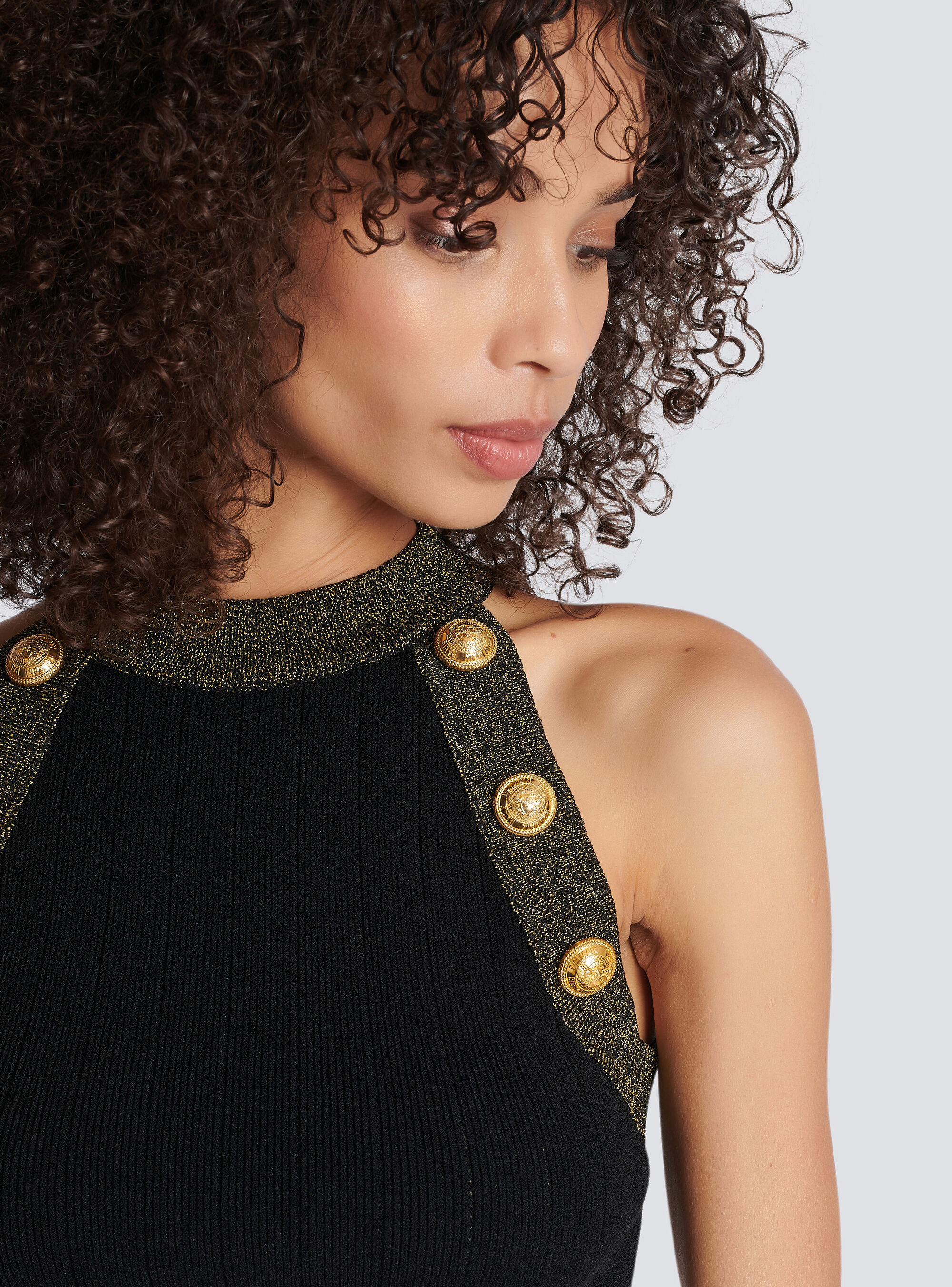 Shop Balmain Gold-trimmed Knit Crop Top In Black