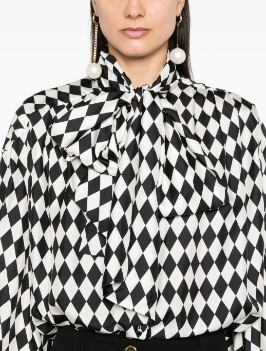 Balmain Ls Lavalliere Diamond Print Silk Shirt In Black