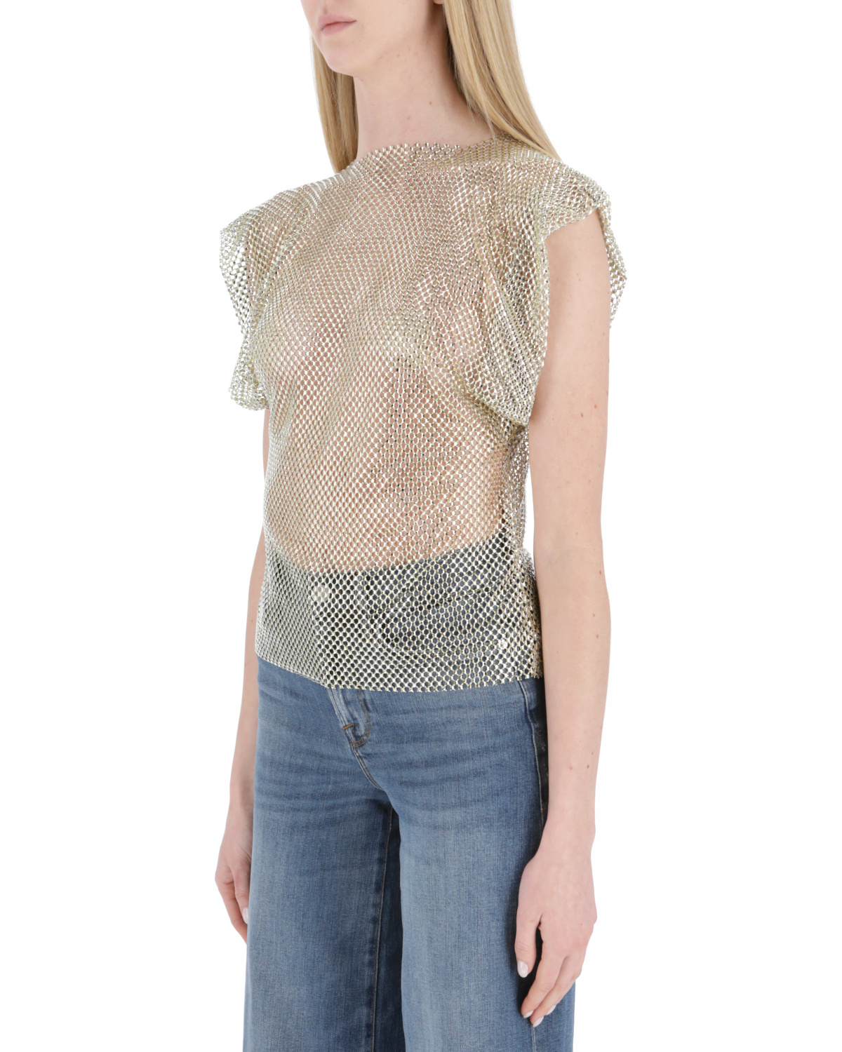 Philosophy Di Lorenzo Serafini Gold Rhinestone Sheer Sleeveless Blouse In Nude