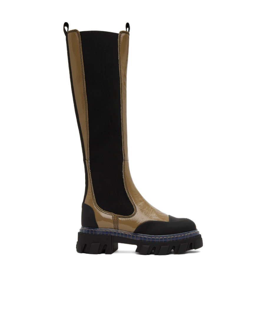 Ganni Khaki Cleated Boots In Black