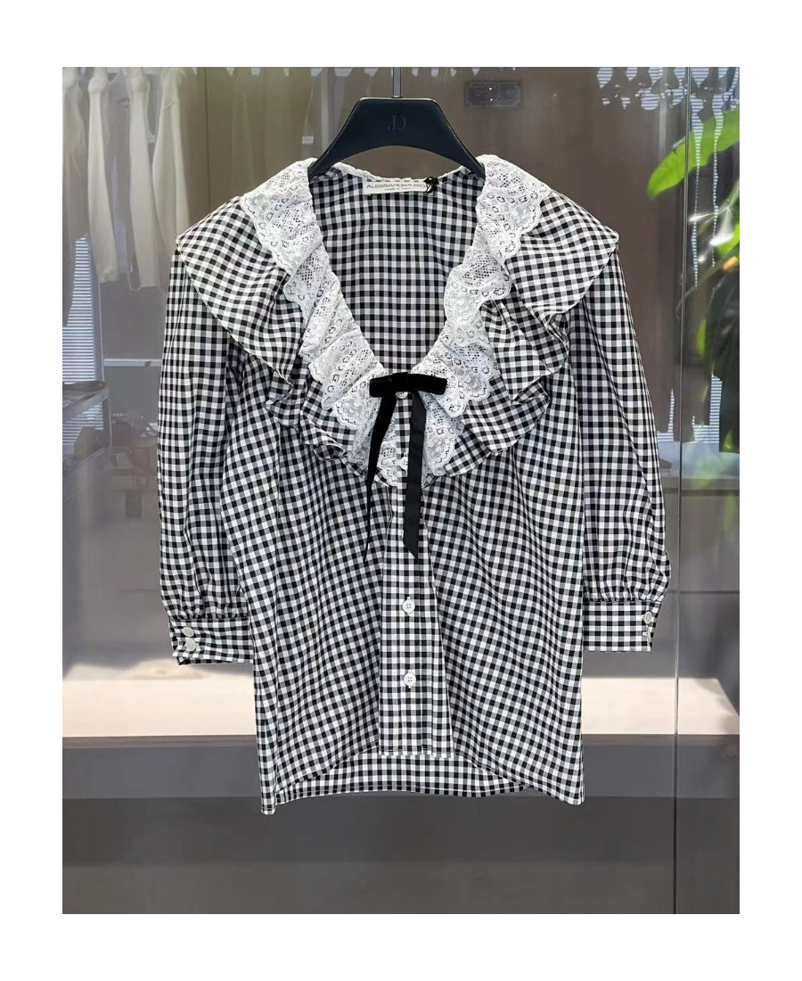 Alessandra Rich Check-print Ruffle-collar Shirt In Gray