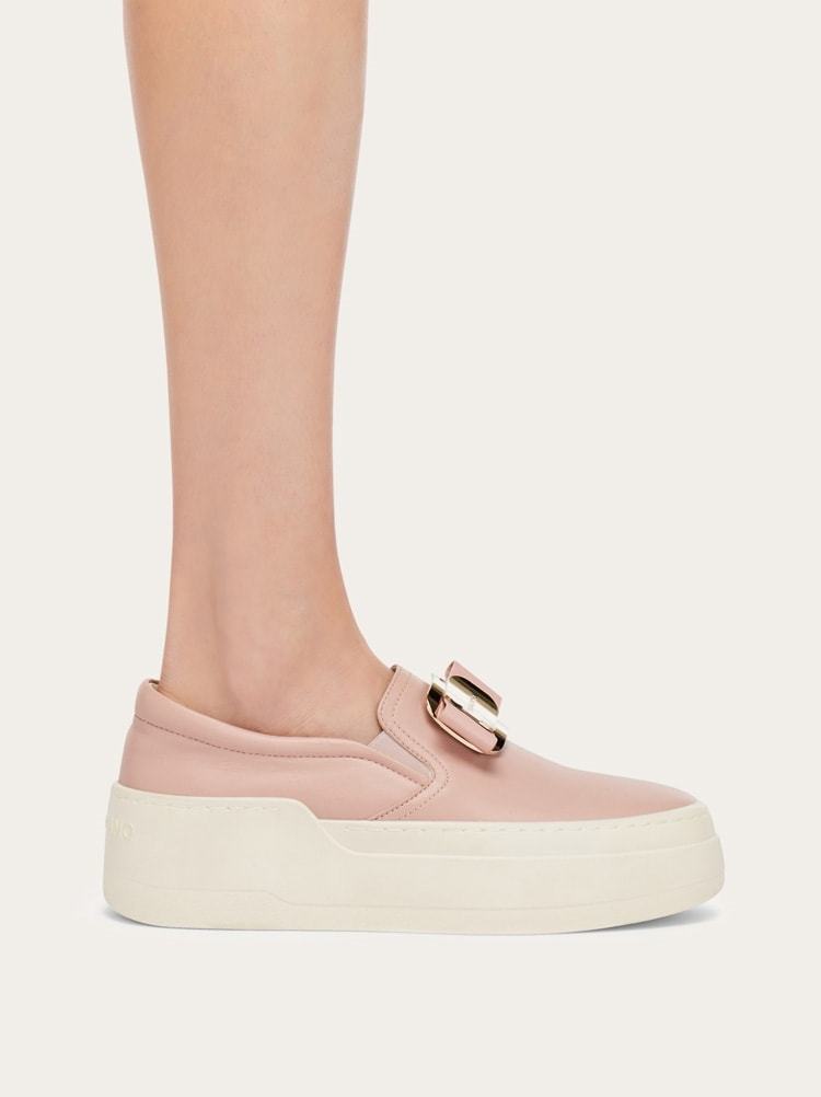 Ferragamo Gold Buckle Soft Leather Slip-on Sneaker In White