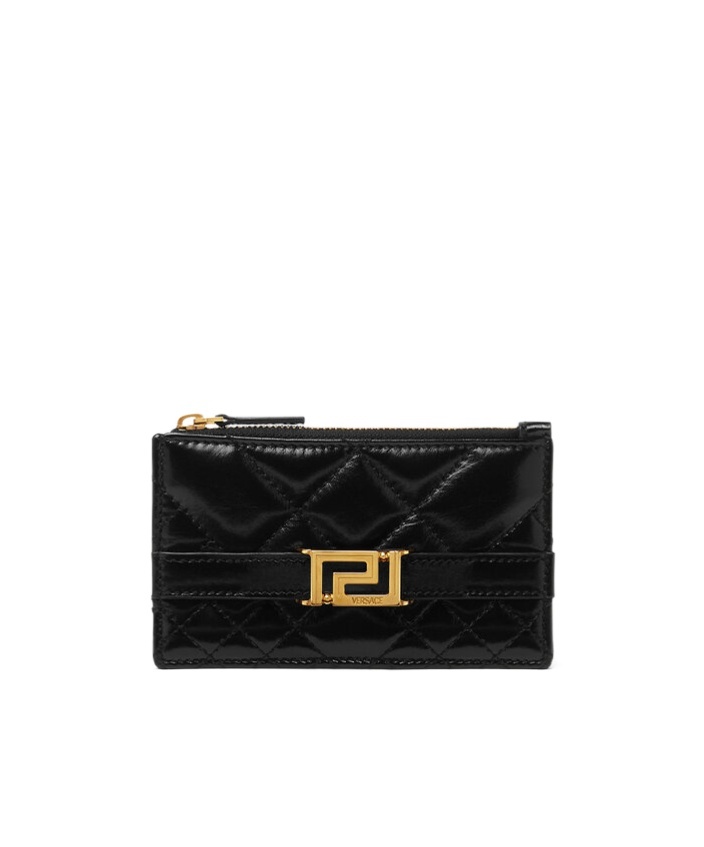 Versace Greca-plaque Diamond-quilted Leather Wallet In Black