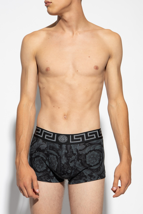 Versace Black Boxer Briefs With Barocco Print In Stretch Cotton Manb In Black