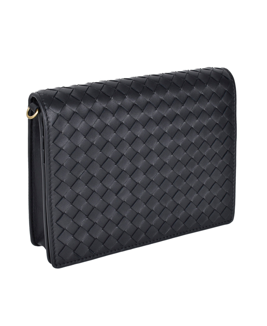 Shop Bottega Veneta Black Intrecciato Leather Wallet On A Chain