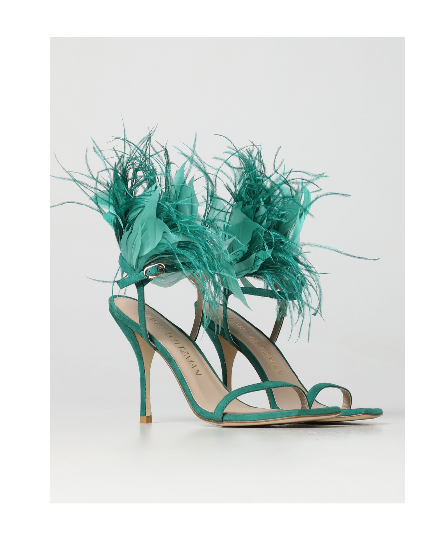 Stuart Weitzman Feather Detail Stiletto Heel Sandals In Green
