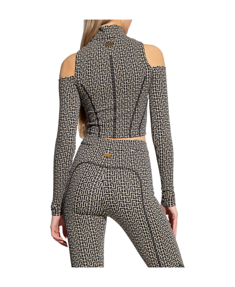 BALMAIN LONG SLEEVE CUT MONOGRAM JERSEY CROPPED TOP