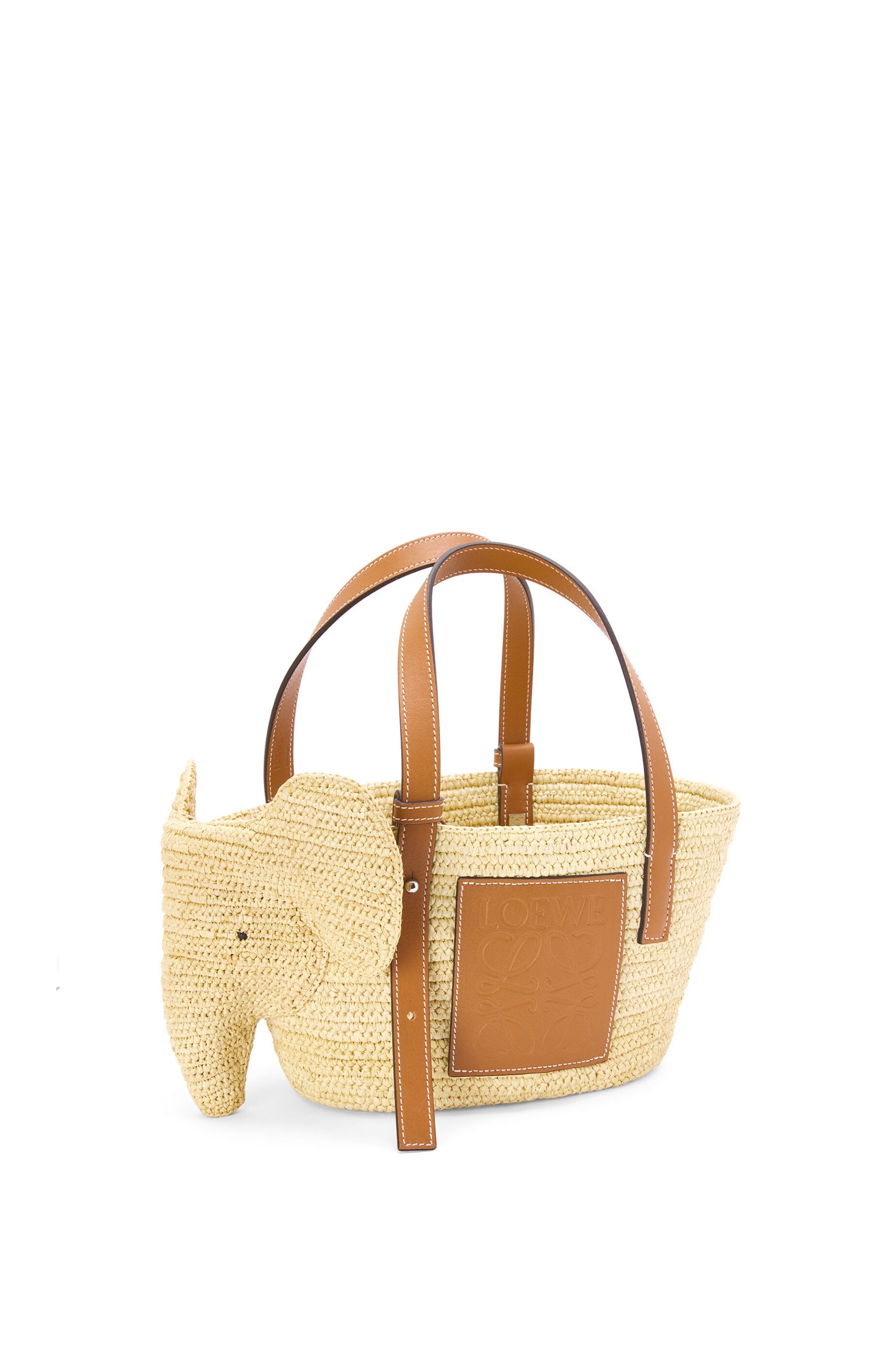 Loewe Elephant Basket Bag In Raffia And Calfskin In Nude