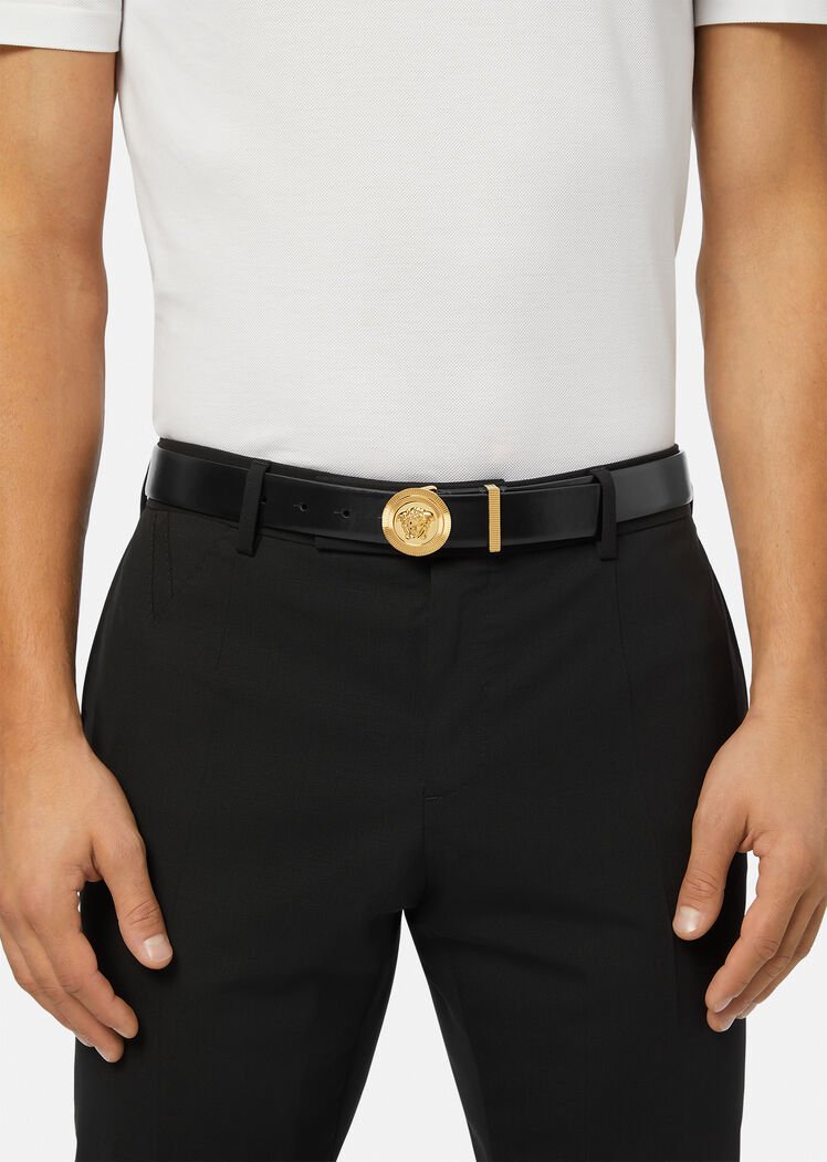 Versace Medusa Streamlined Leather Belt With Adjustable Length And Gold-tone Buckle In Black